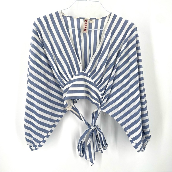 Anthropologie DOLAN Nautical Coastal Blue Stripe Wrap Balloon Sleeve Blouse Top - Picture 3 of 7